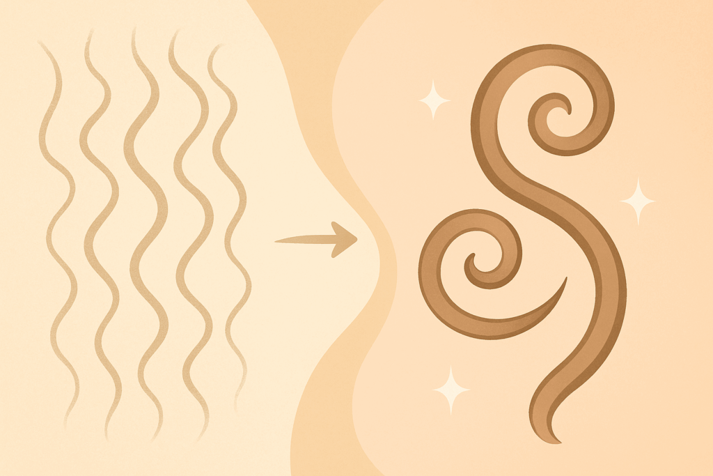 Antes e depois de redefinição de cachos, mostrando fios naturais com frizz e cachos definidos após tratamento capilar no Tatuapé.